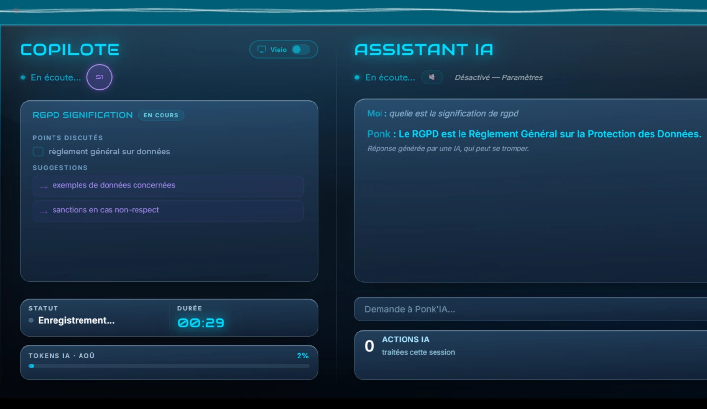 Ponk Note pendant un enregistrement : le Copilote liste les points discutés et propose des suggestions, tandis que l'Assistant IA répond à une question posée à voix haute.